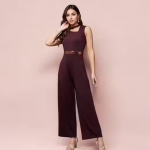 Women's Wine Collared Sleeveless Solid Asymmetric Neck Cut-Out Regular Length Jumpsuit