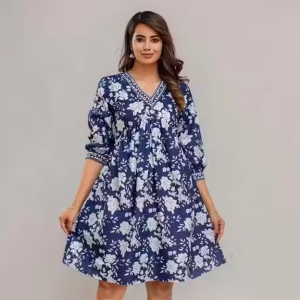 Women Rayon Embroidered And Printed Midi Dress| A - Line Dress | Women Dress | Blue Dress For Women
