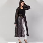 Classy & Beautiful Full Length Cotton Blend Long Net Floral Design Shrug for Women