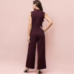 Women's Wine Collared Sleeveless Solid Asymmetric Neck Cut-Out Regular Length Jumpsuit
