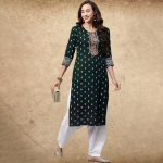 BOTTEL GREEN STRAIGHT PRINTED KURTI